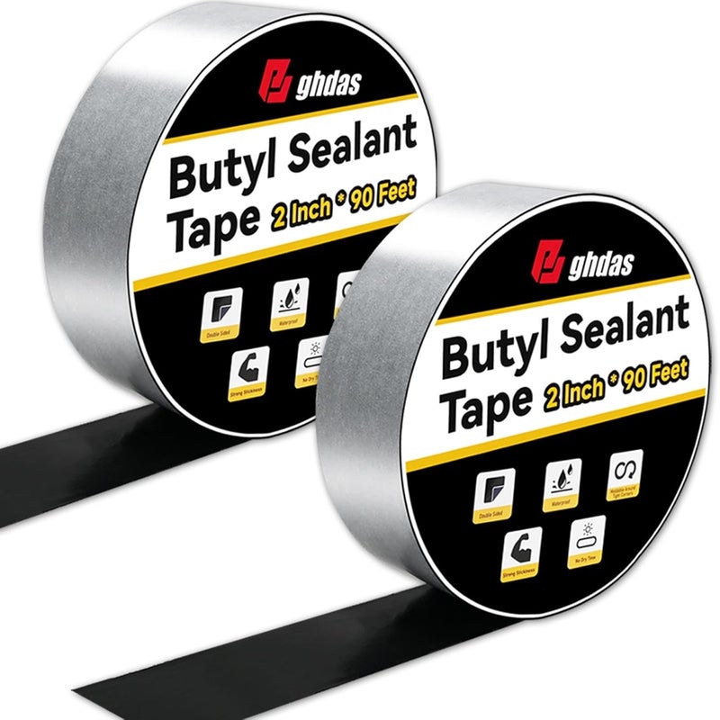 Bghdas - 2 Pack Butyl Sealant Tape 2" X 90' - Double Sided - Black Vapor Barrier Butyl Tape for Wall of Crawl Space, Rv Windows, Deck Boat, Crawlspace (Waterproof, Weatherproof) - Image 1